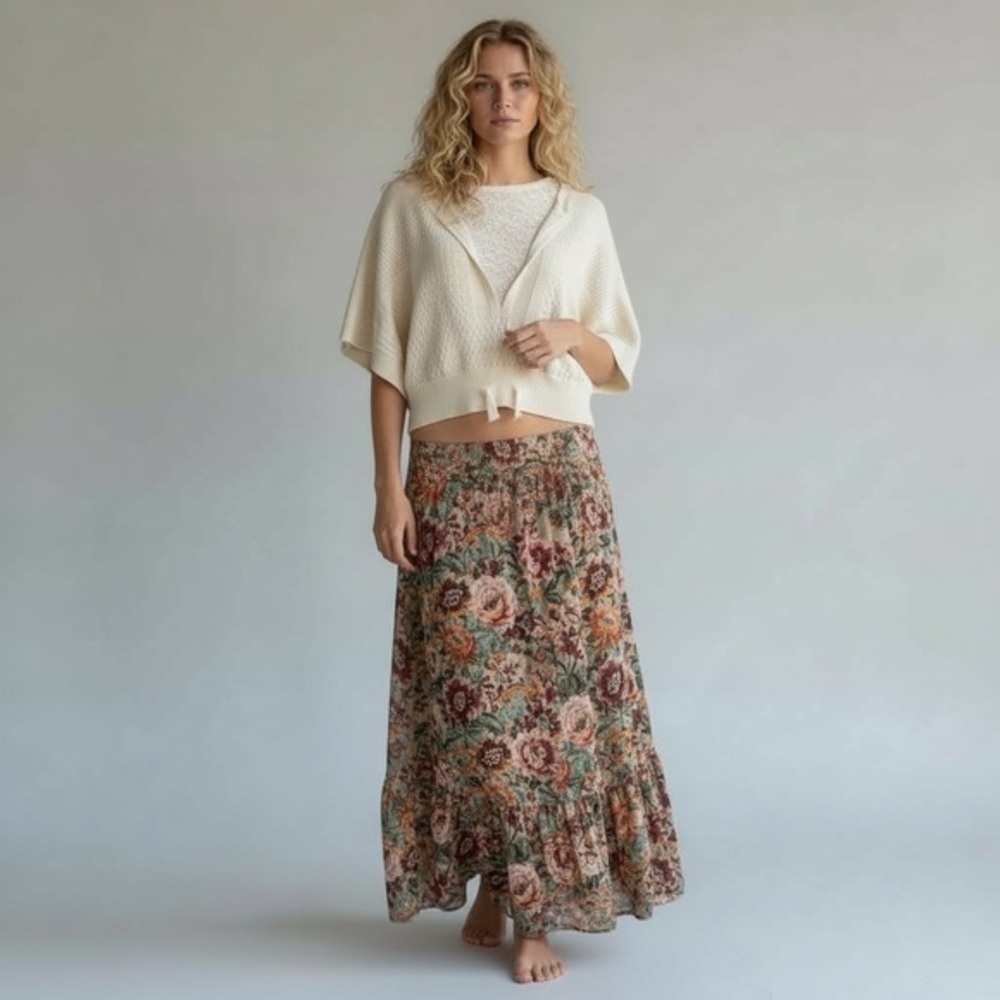 Pink Twill Ivory Cotton Pointelle Knit Batwing Crop Sweater Size Large Boho
